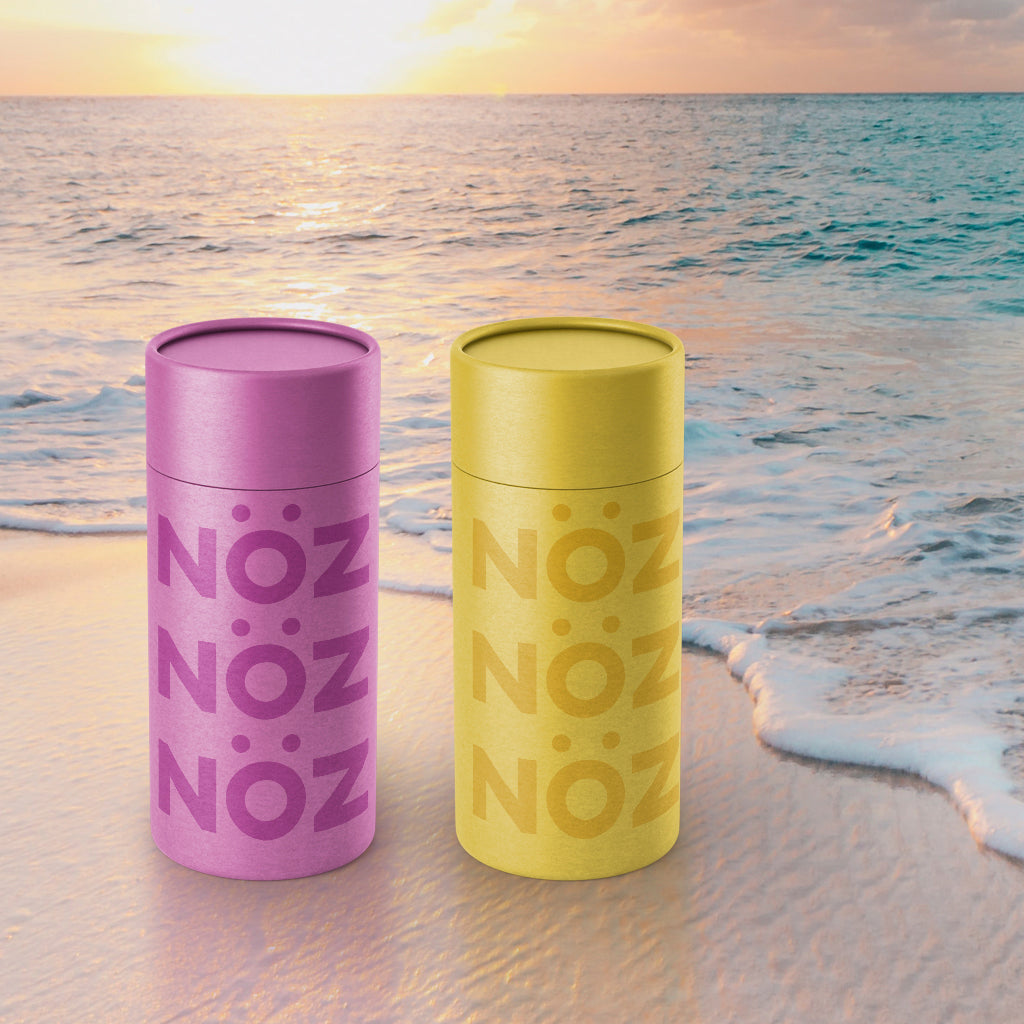 Front view of purple and yellow Nöz Nözscreen on a beach with a sunrise behind them